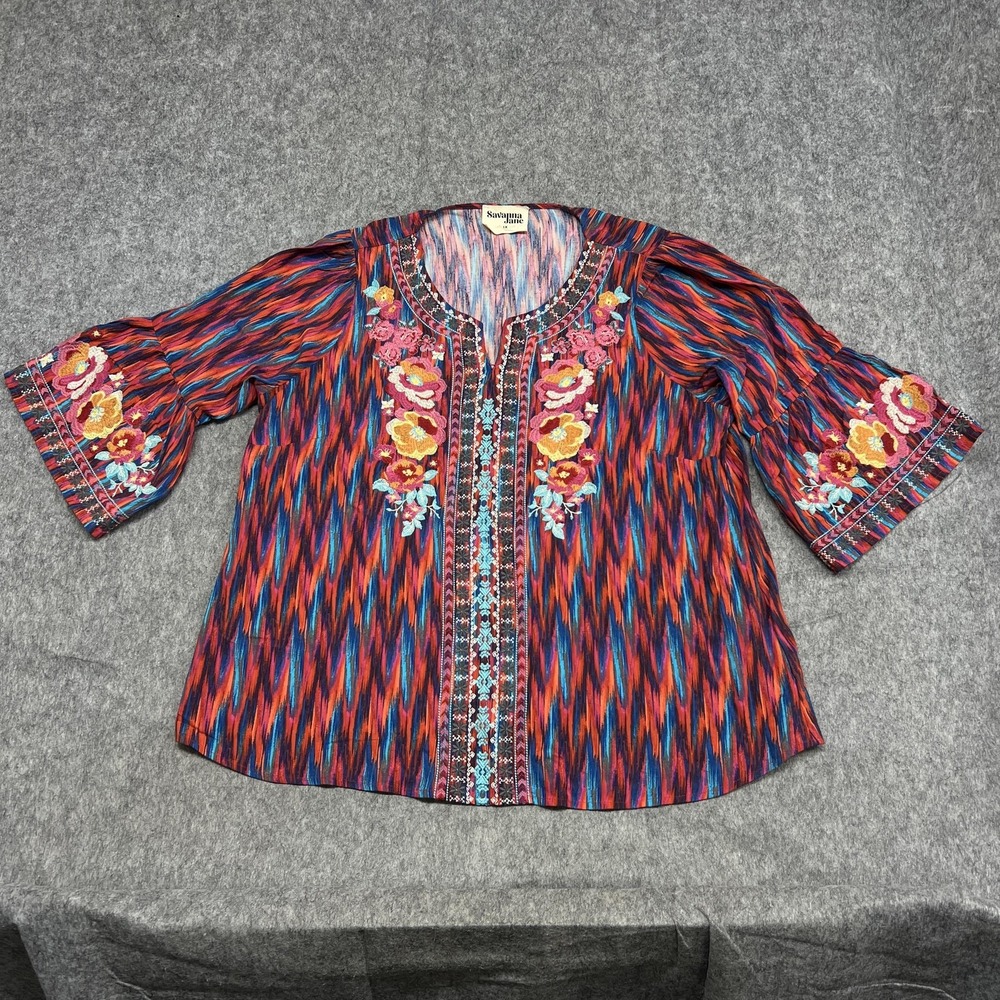 Savanna Jane Shirt Womens 1X‎ Red Floral Ikat Embroidered Boho Tunic 3/4 Sleeve